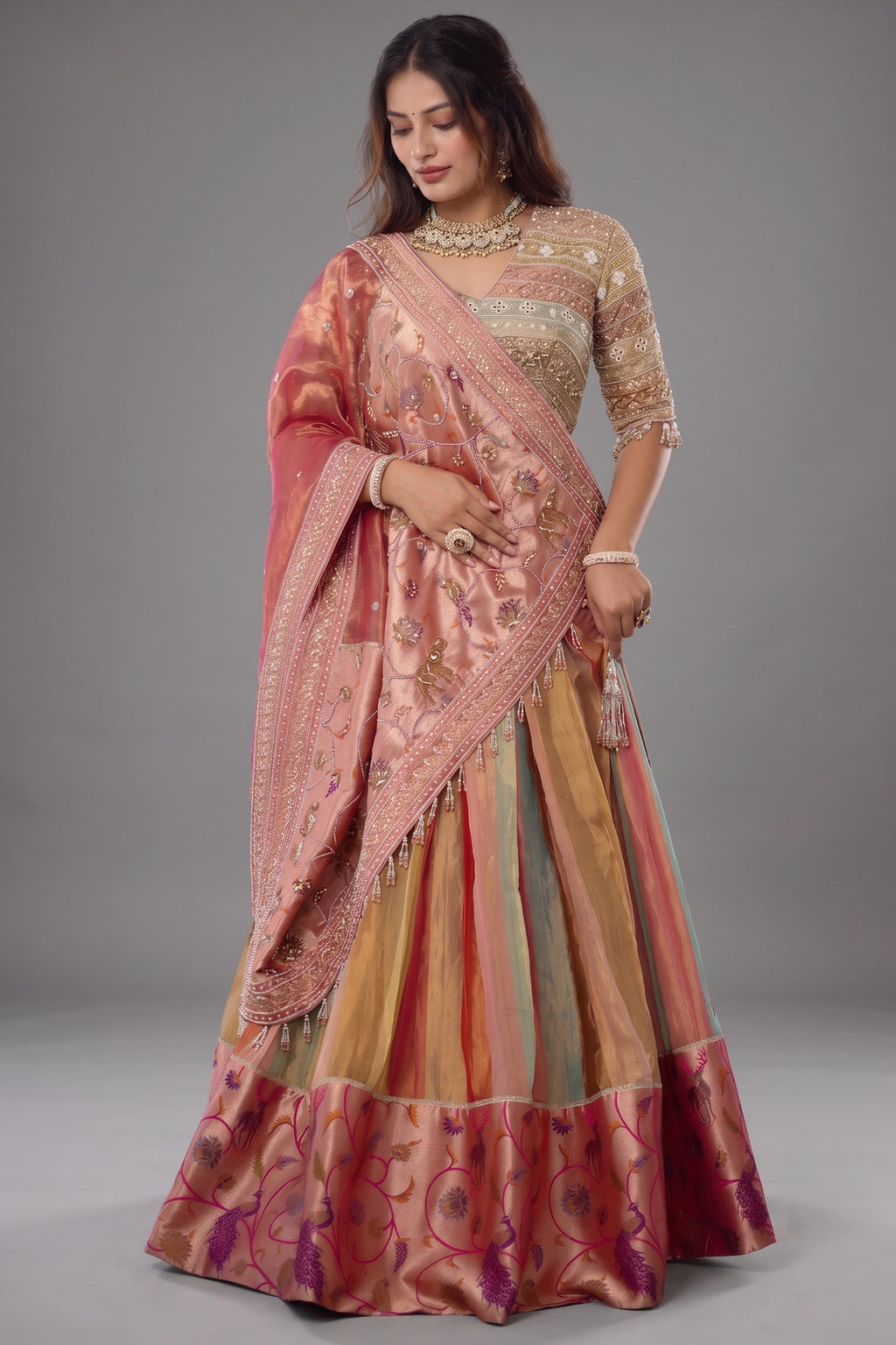 The Multi-Chromatic Panel Tissue Silk Lehenga with Embellished Embroidered Choli and Rose Paithani Border Dupatta