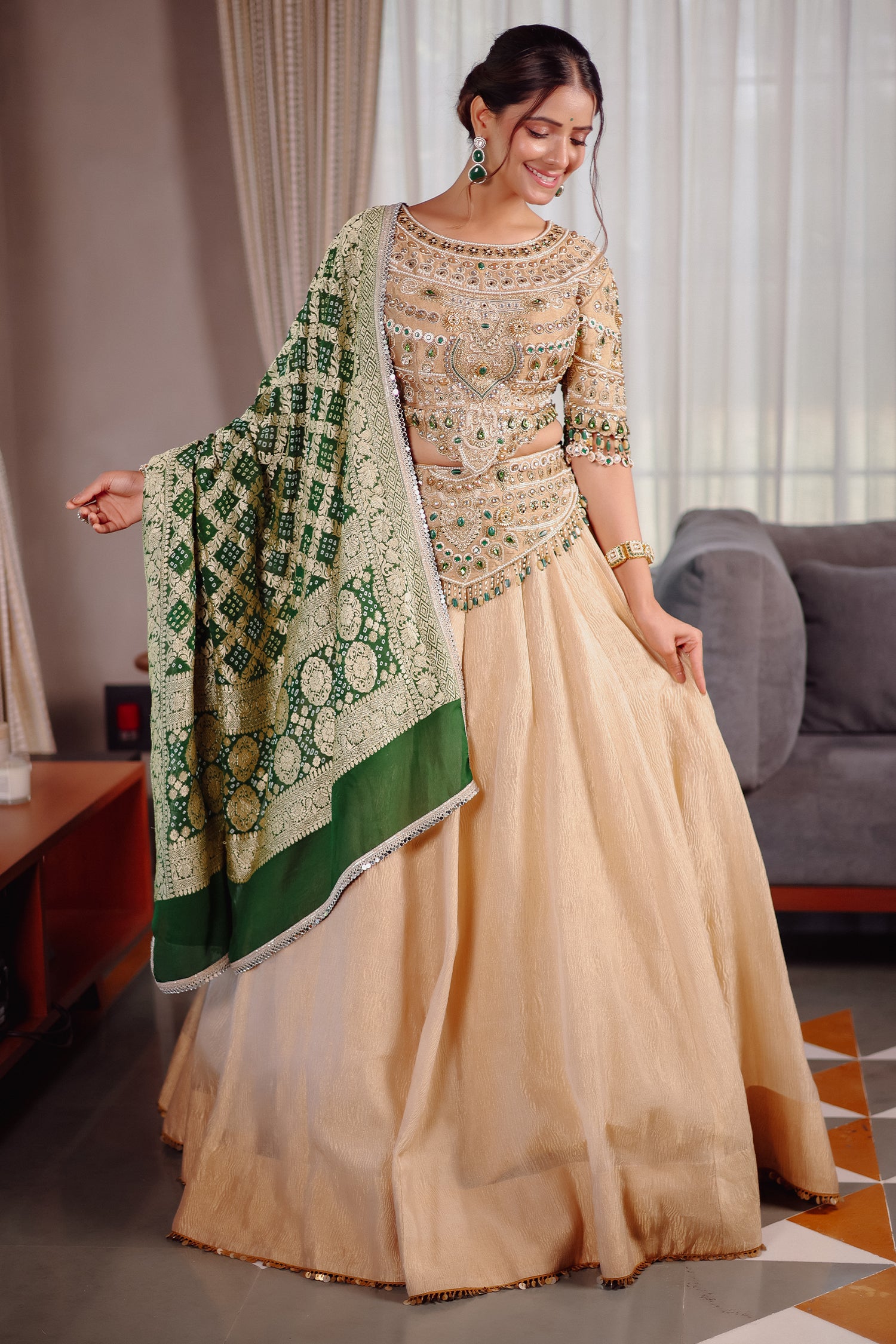 Golden Crush Tissue Lehenga with Heavily Embellished Jewel Stone Blouse with Bandhej Dupatta