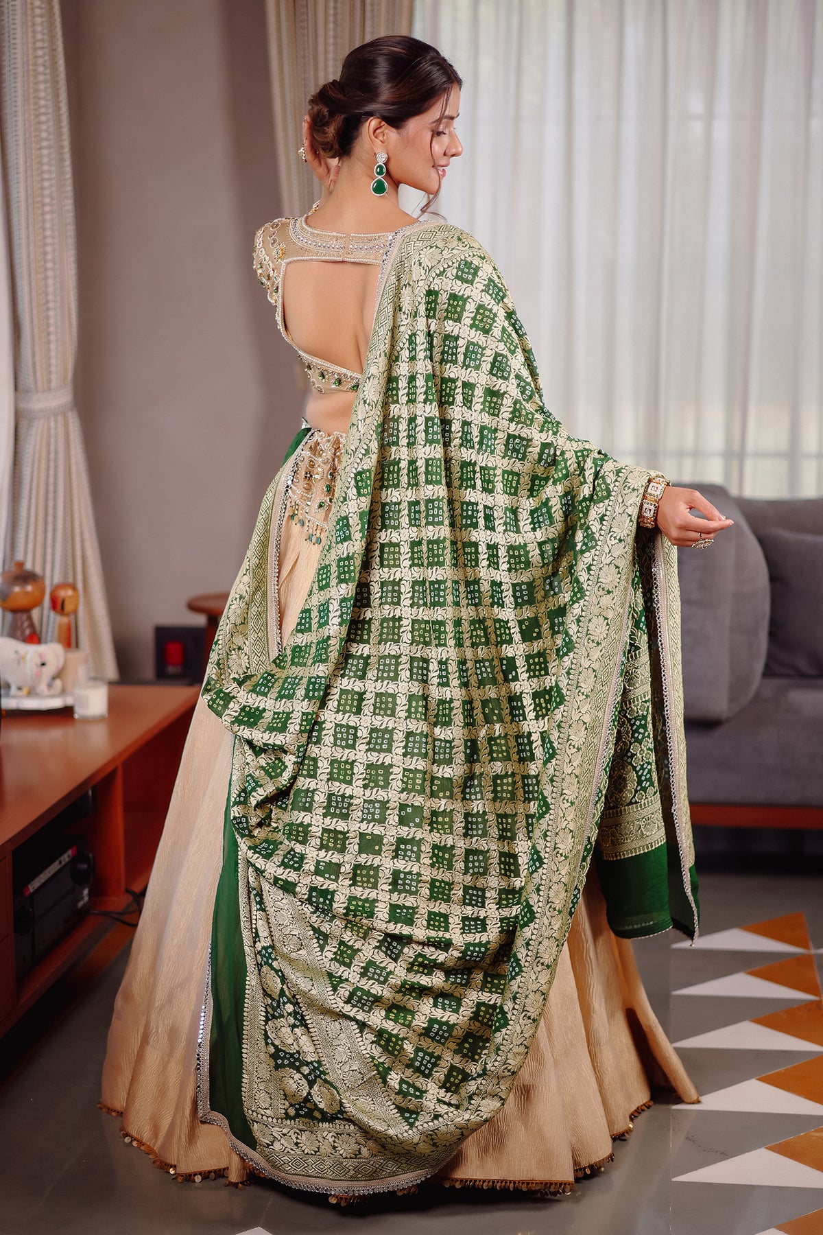 Golden Crush Tissue Lehenga with Heavily Embellished Jewel Stone Blouse with Bandhej Dupatta
