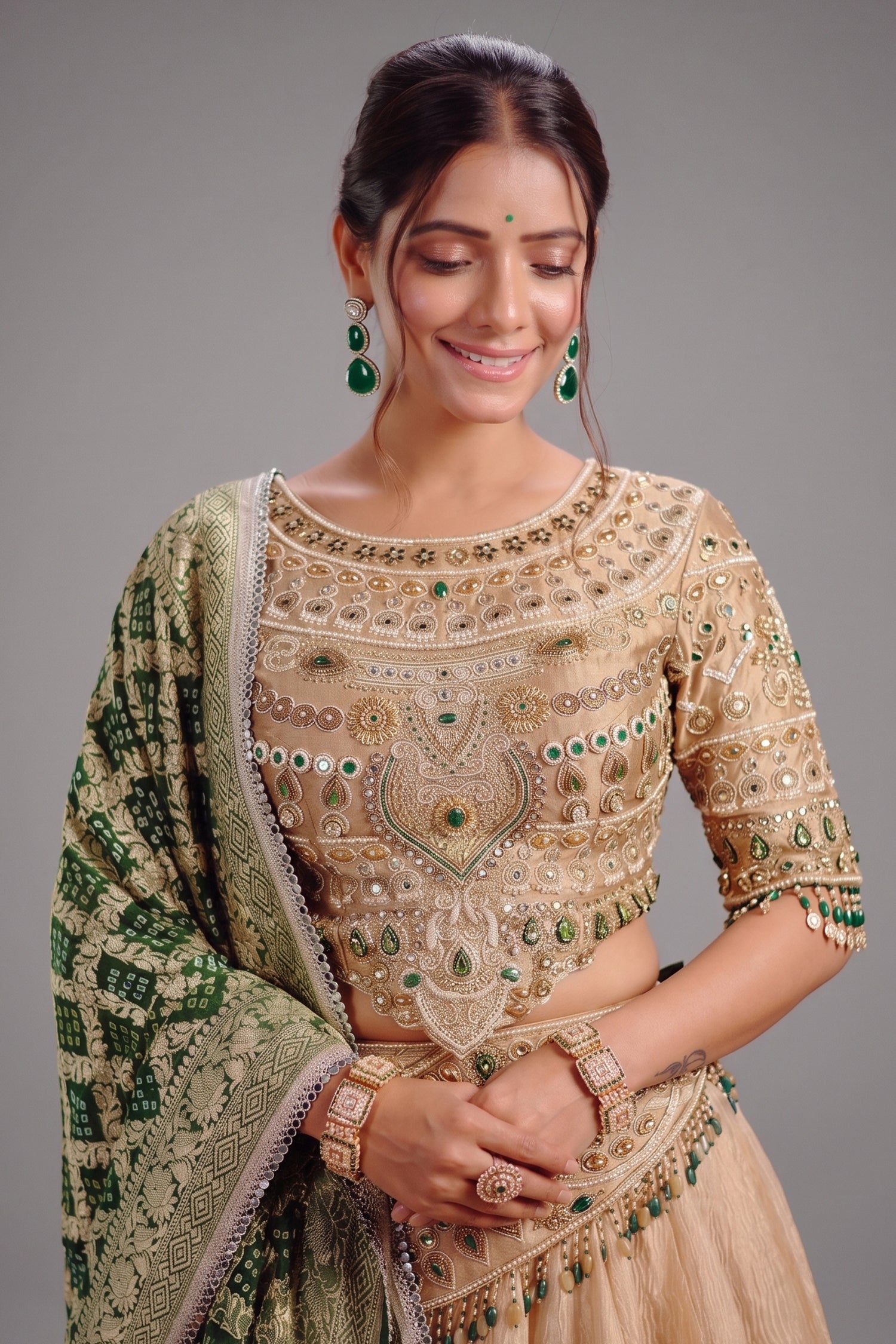 Golden Crush Tissue Lehenga with Heavily Embellished Jewel Stone Blouse with Bandhej Dupatta Secondary image