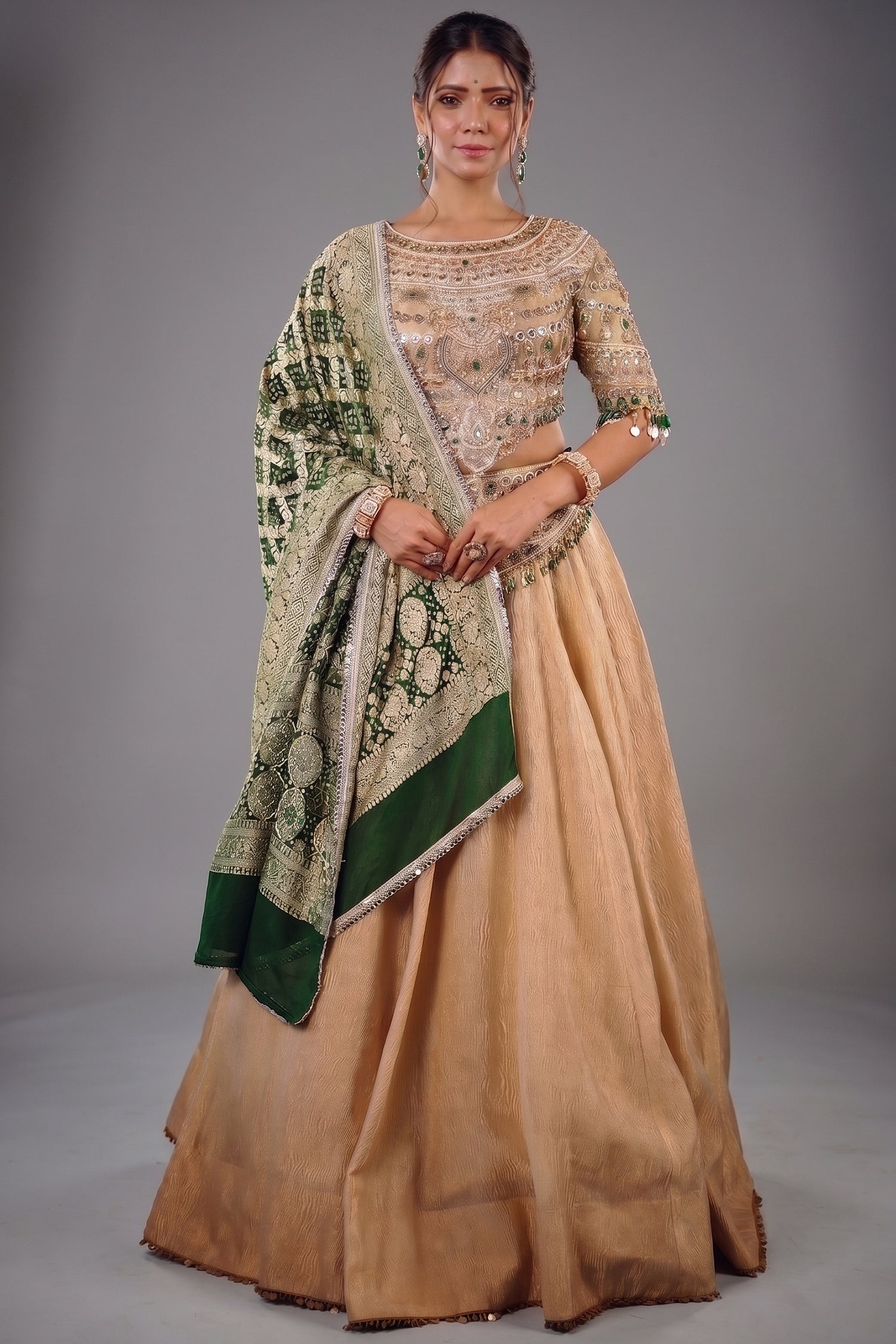 Golden Crush Tissue Lehenga with Heavily Embellished Jewel Stone Blouse with Bandhej Dupatta Main image