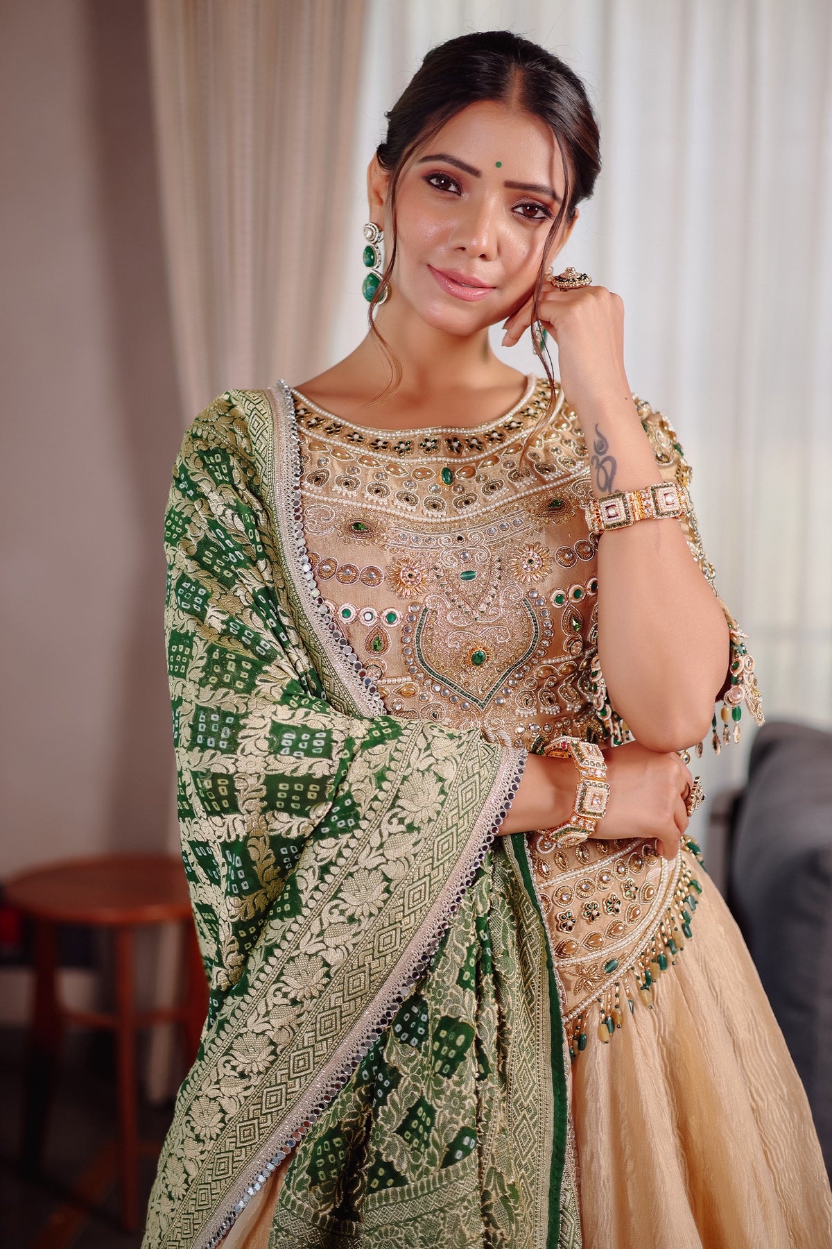 Golden Crush Tissue Lehenga with Heavily Embellished Jewel Stone Blouse with Bandhej Dupatta
