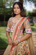 Golden Tissue Silk Traditional Shikargah Motifs Paithani Lehenga with Embellished Work