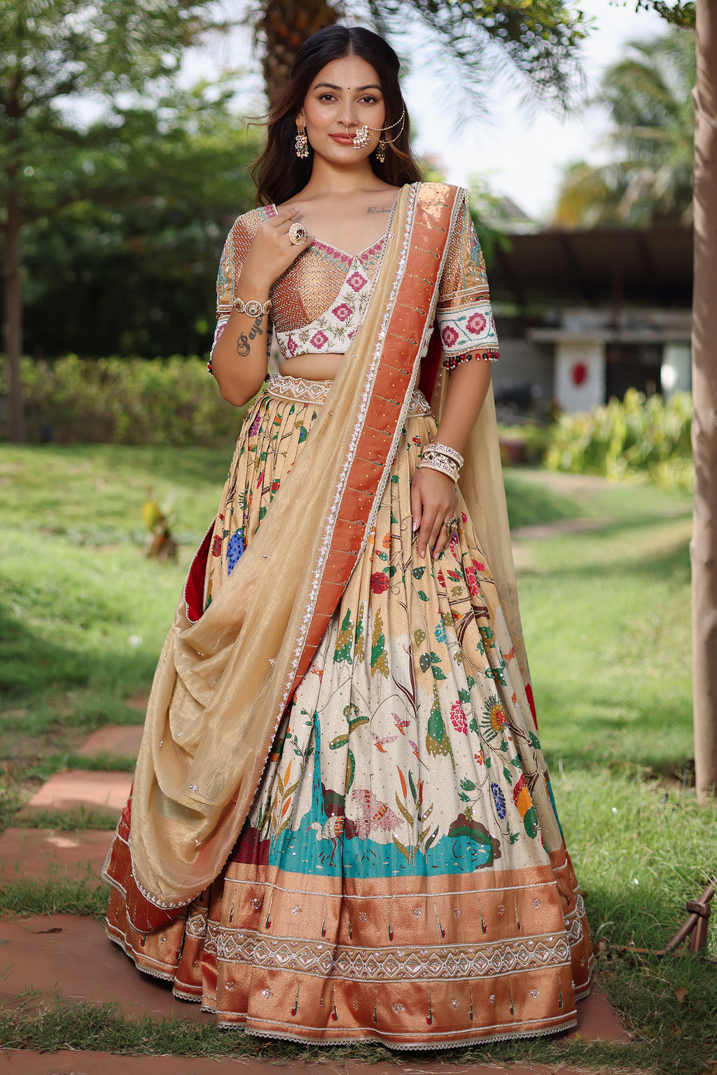 Golden Tissue Silk Traditional Shikargah Motifs Paithani Lehenga with Embellished Work
