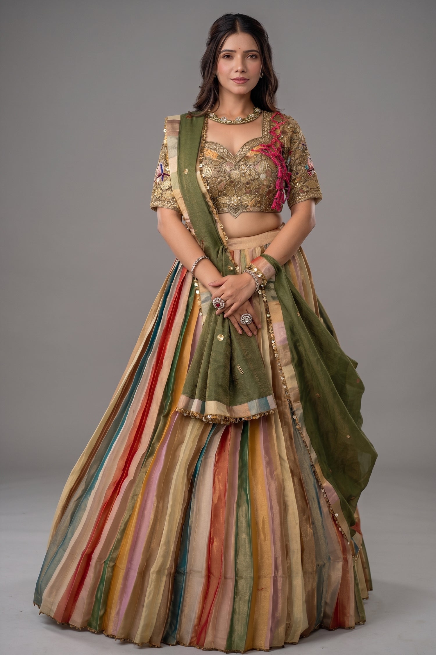 Multi Colored Tissue Silk Lehenga with Embellished Metal Work Blouse Main image