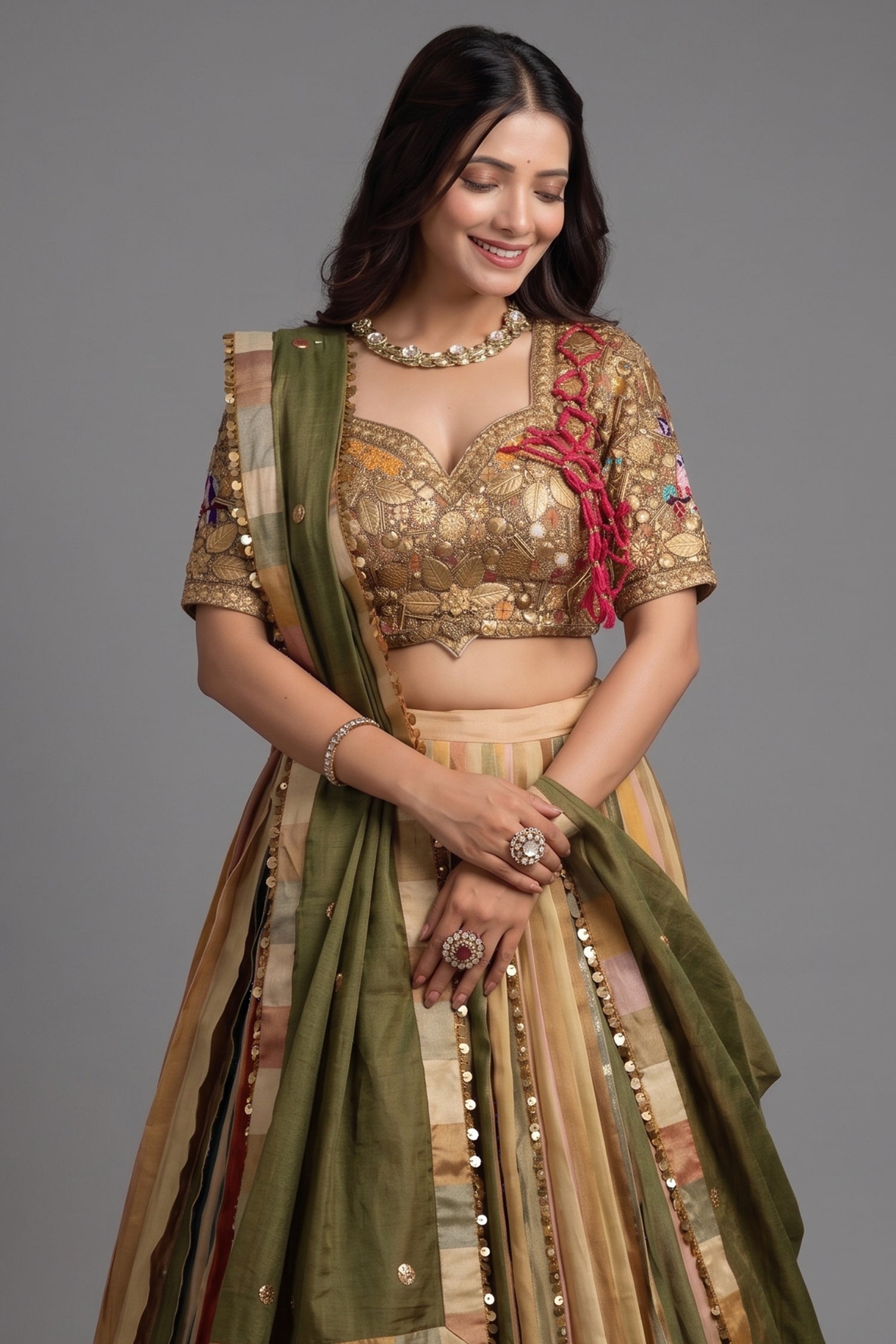 Multi Colored Tissue Silk Lehenga with Embellished Metal Work Blouse