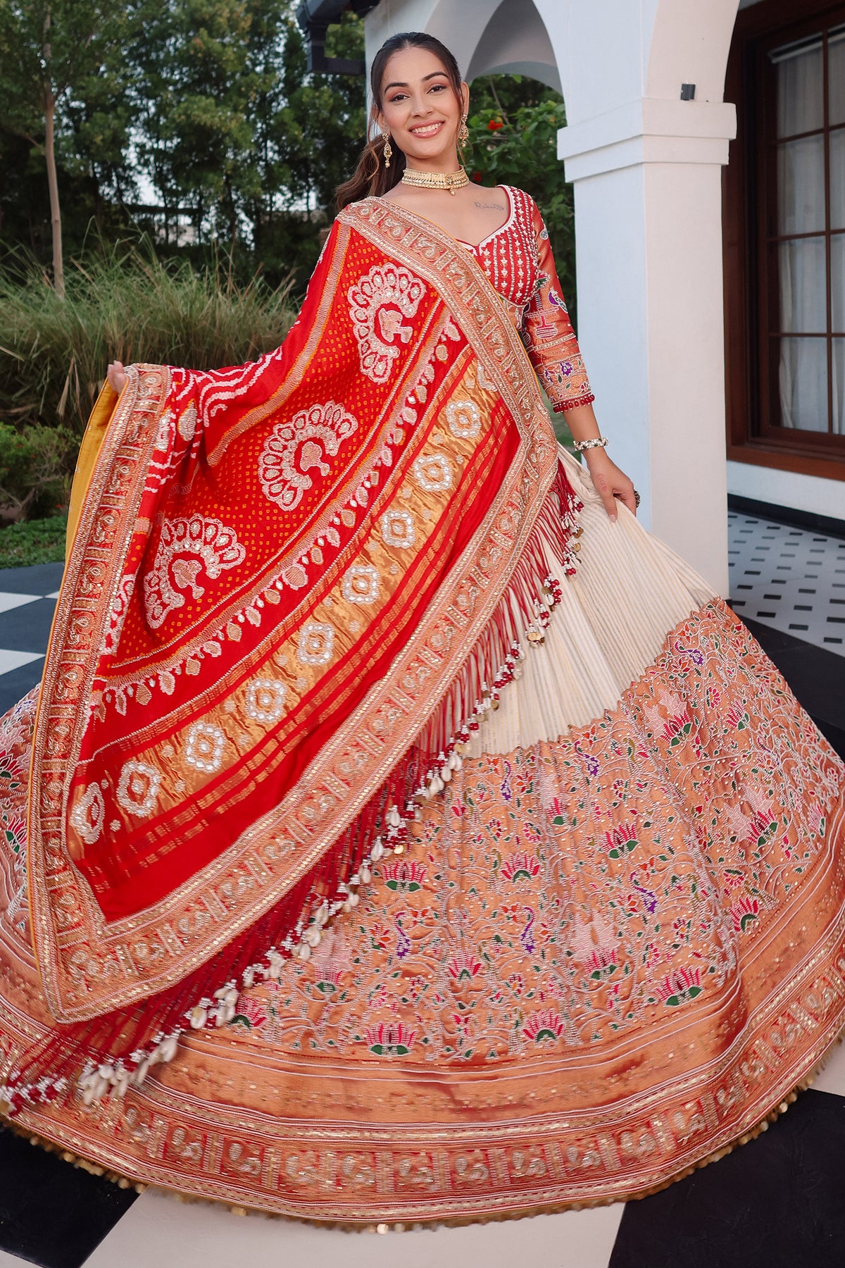 Cream Tissue Silk Paithani Wrave Lehenga with Embellished Bead Work and Bandhej Dupatta