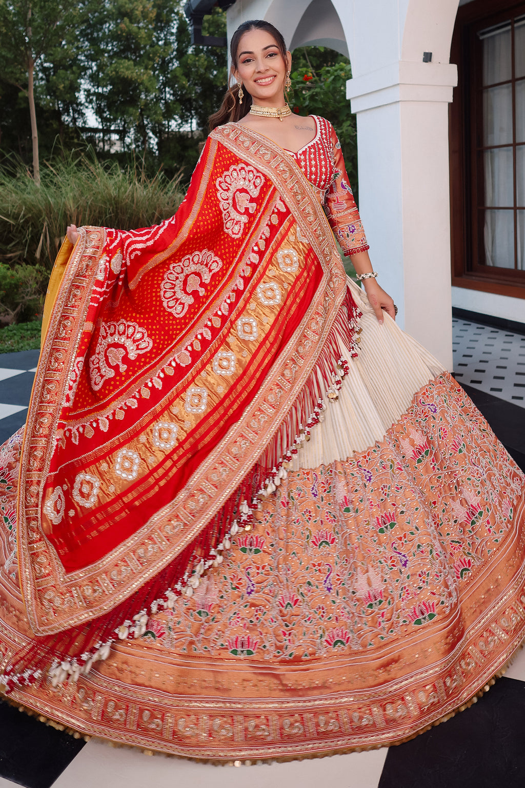 Cream Tissue Silk Paithani Wrave Lehenga with Embellished Bead Work and Bandhej Dupatta