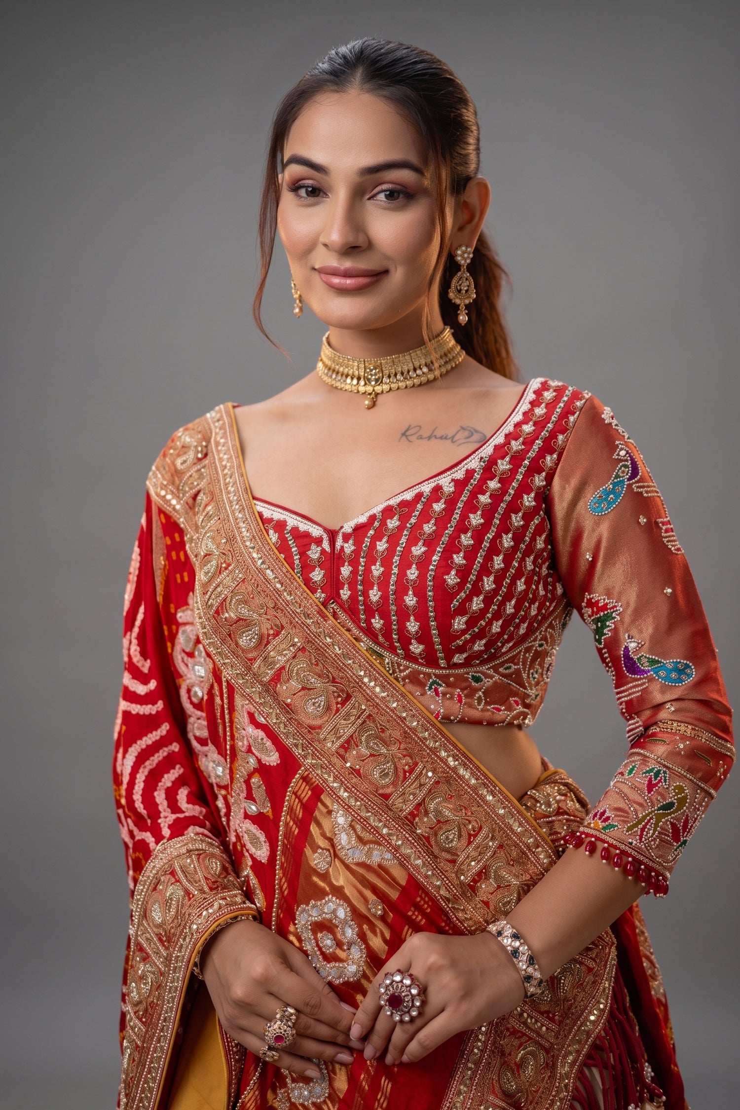 Cream Tissue Silk Paithani Wrave Lehenga with Embellished Bead Work and Bandhej Dupatta Secondary image