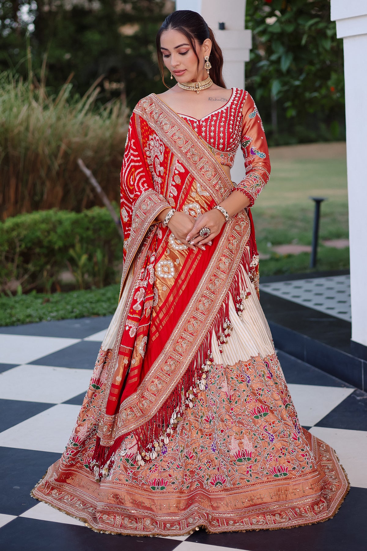 Cream Tissue Silk Paithani Wrave Lehenga with Embellished Bead Work and Bandhej Dupatta