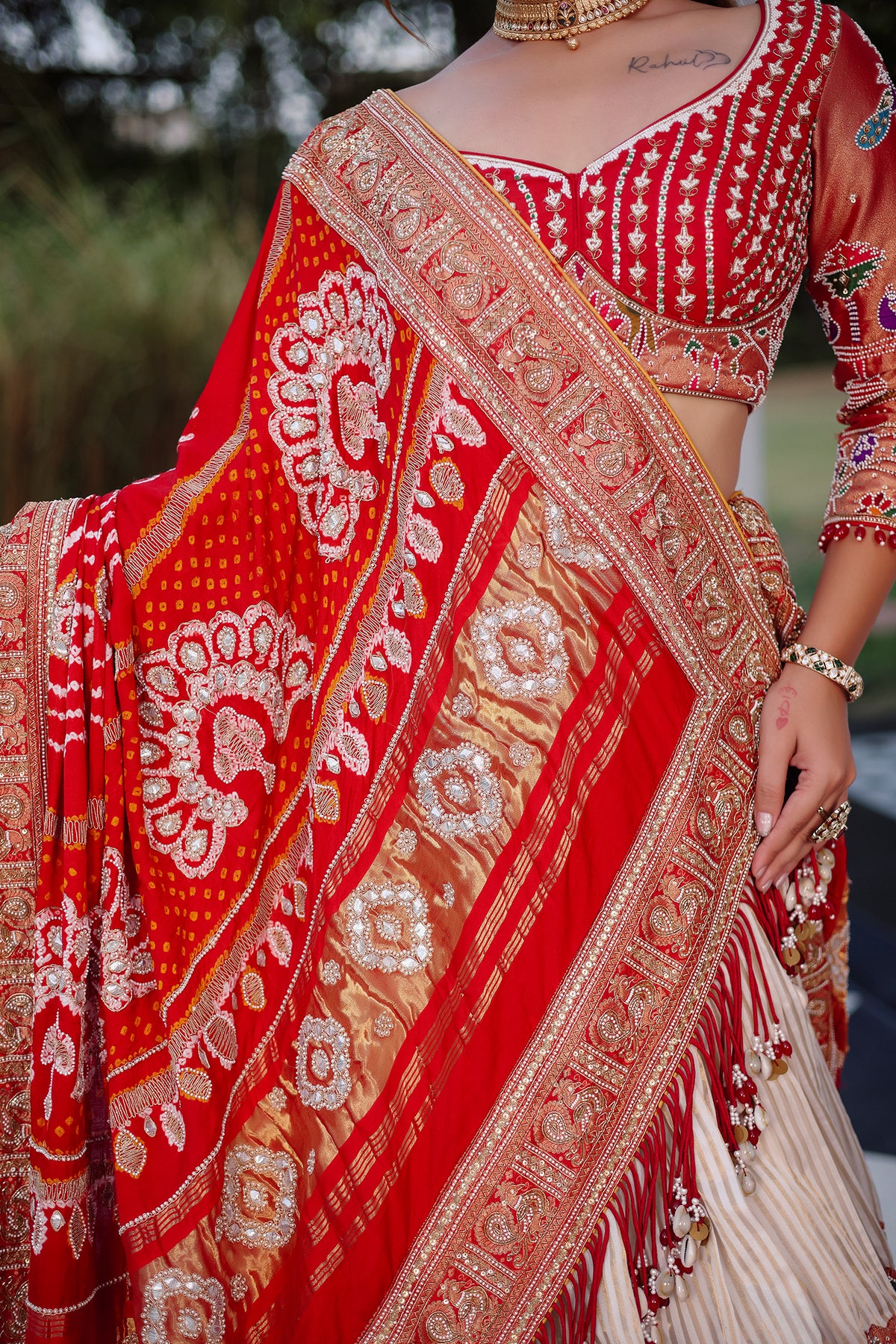 Cream Tissue Silk Paithani Wrave Lehenga with Embellished Bead Work and Bandhej Dupatta
