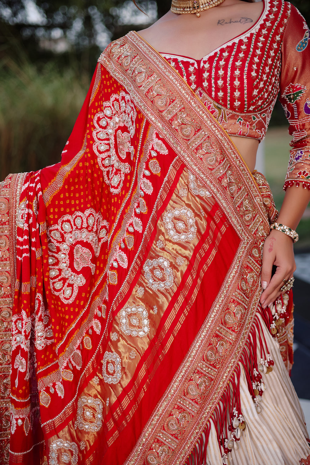 Cream Tissue Silk Paithani Wrave Lehenga with Embellished Bead Work and Bandhej Dupatta