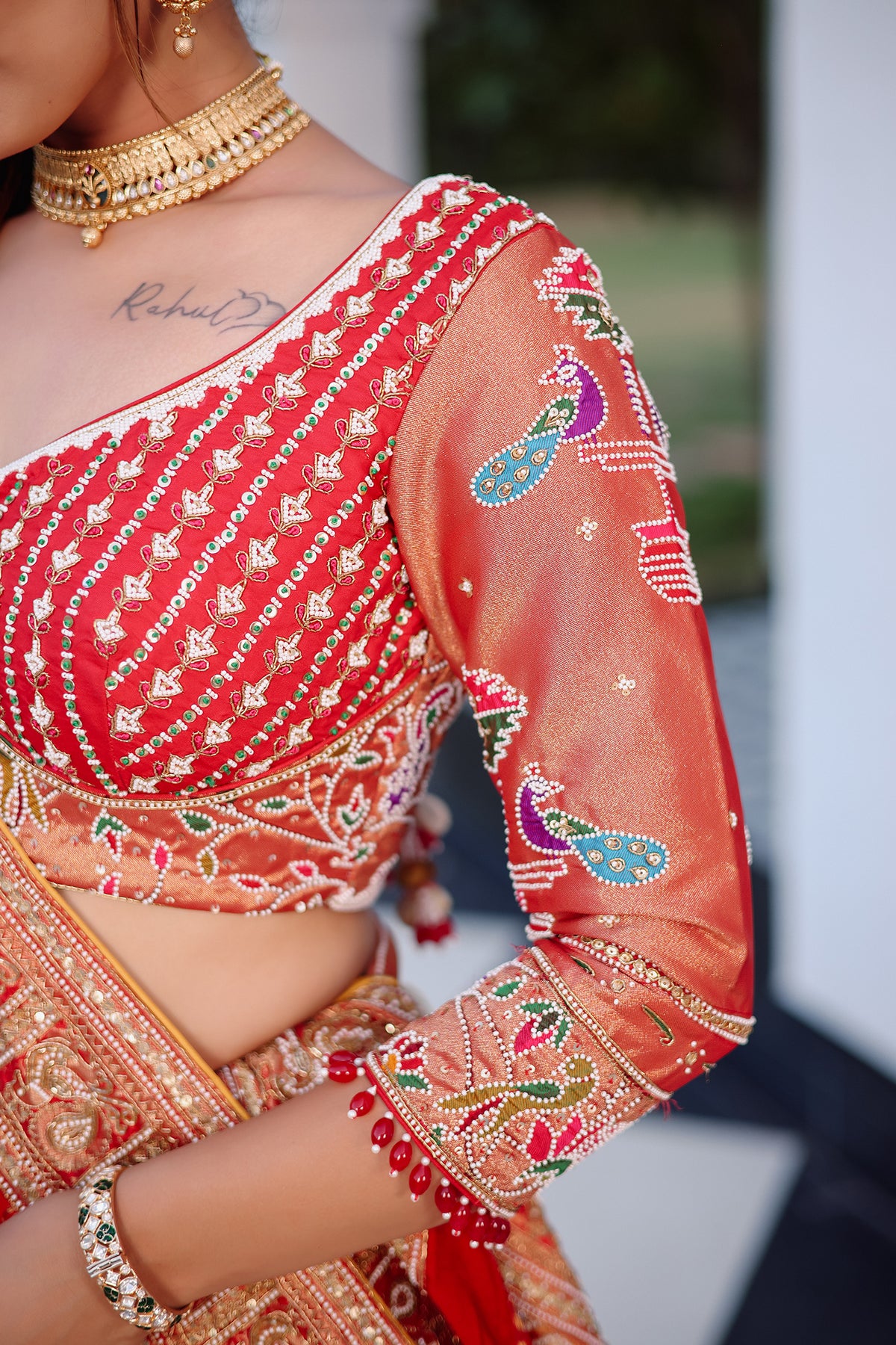 Cream Tissue Silk Paithani Wrave Lehenga with Embellished Bead Work and Bandhej Dupatta