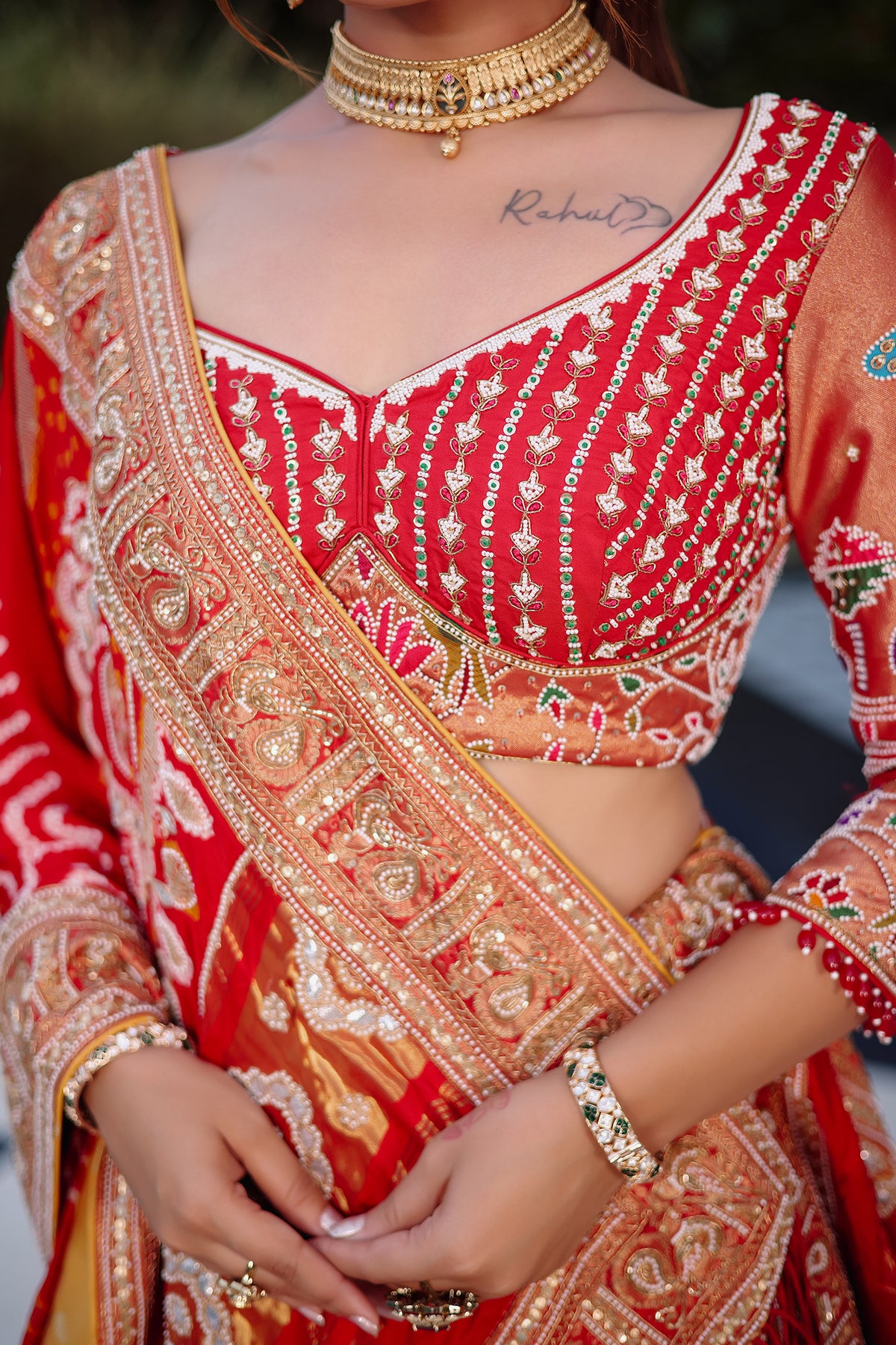 Cream Tissue Silk Paithani Wrave Lehenga with Embellished Bead Work and Bandhej Dupatta