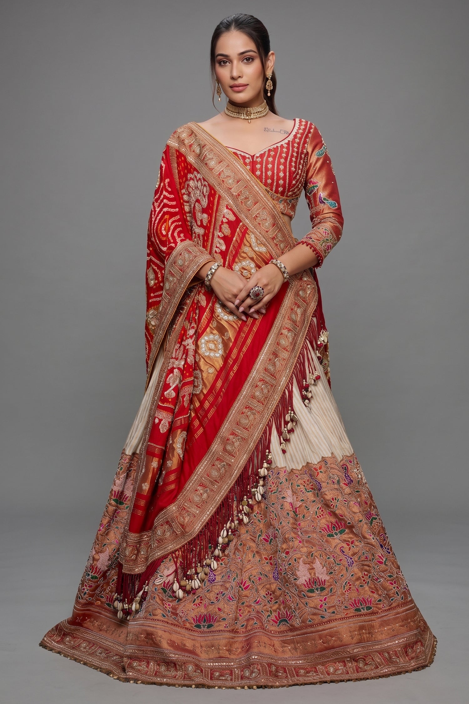 Cream Tissue Silk Paithani Wrave Lehenga with Embellished Bead Work and Bandhej Dupatta Main image