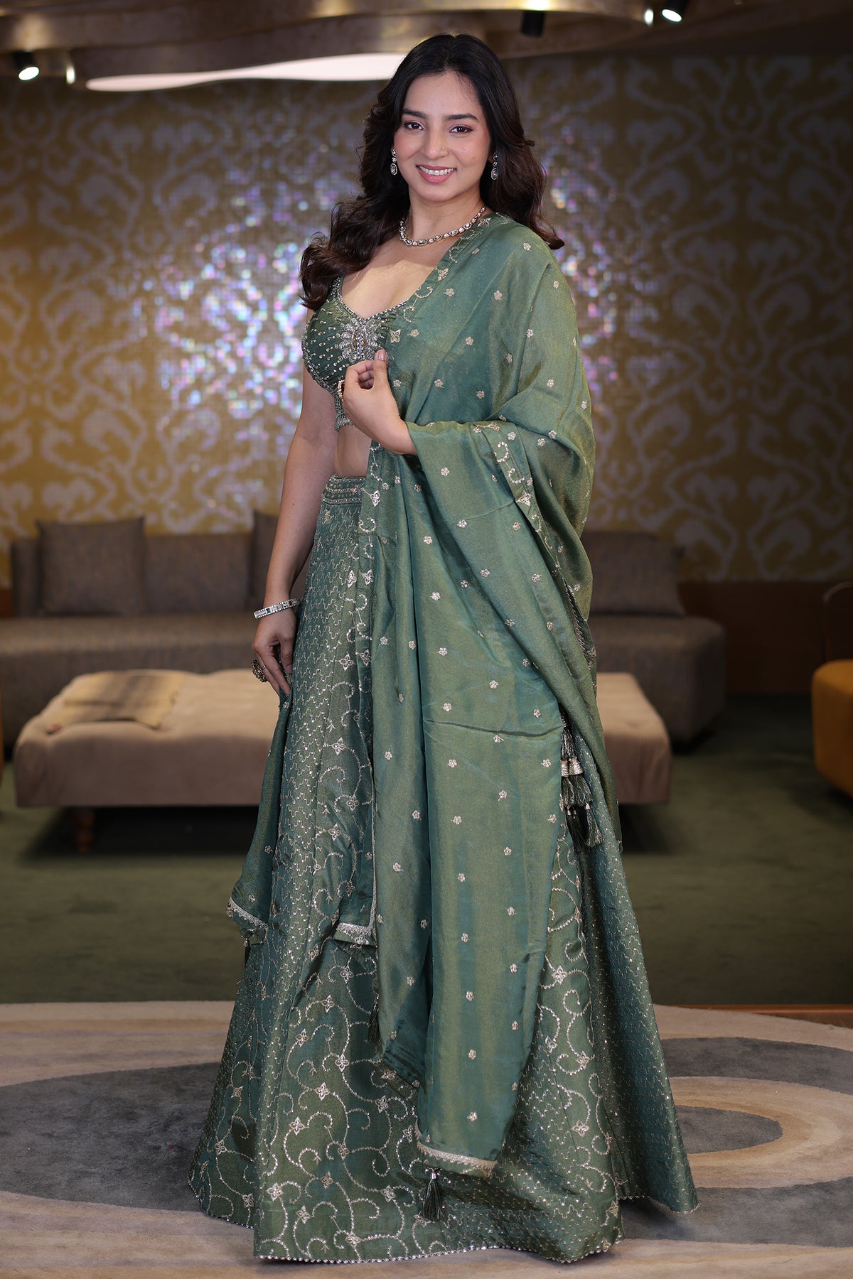 Sage Green Metallic Tissue Lehenga Set with Curvilinear Aari Sequin Work and Cutdana Blouse