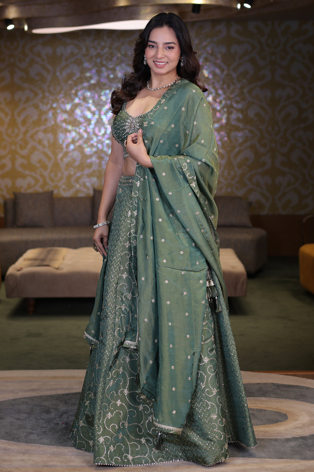 Sage Green Metallic Tissue Lehenga Set with Curvilinear Aari Sequin Work and Cutdana Blouse