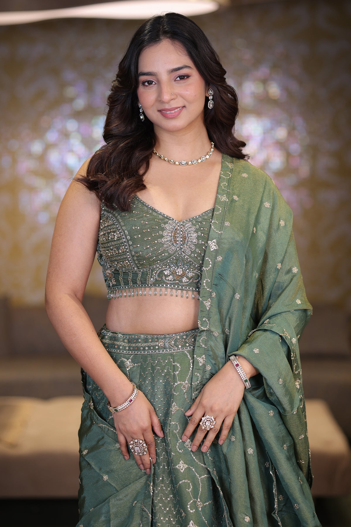 Sage Green Metallic Tissue Lehenga Set with Curvilinear Aari Sequin Work and Cutdana Blouse