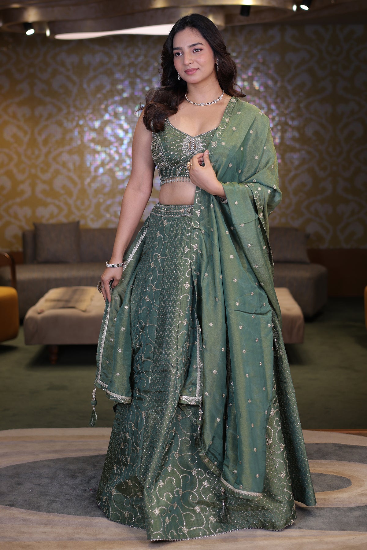 Sage Green Metallic Tissue Lehenga Set with Curvilinear Aari Sequin Work and Cutdana Blouse