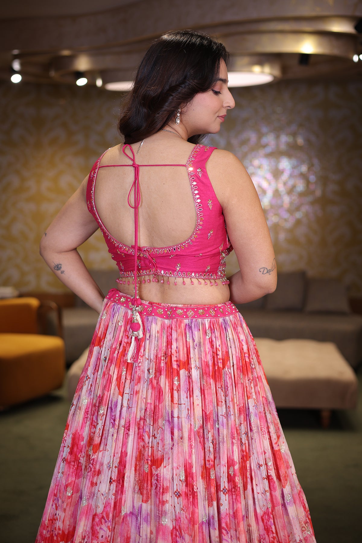 Candy Pink Crepe Silk Printed Lehenga Set with Encrusted Raw Silk Choli and Fuchsia Organza Dupatta