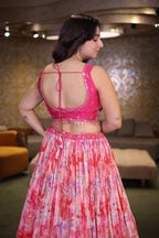 Candy Pink Crepe Silk Printed Lehenga Set with Encrusted Raw Silk Choli and Fuchsia Organza Dupatta