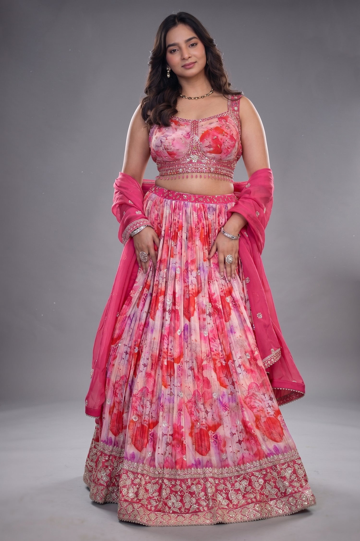Candy Pink Crepe Silk Printed Lehenga Set with Encrusted Raw Silk Choli and Fuchsia Organza Dupatta Main image