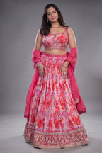 Candy Pink Crepe Silk Printed Lehenga Set with Encrusted Raw Silk Choli and Fuchsia Organza Dupatta