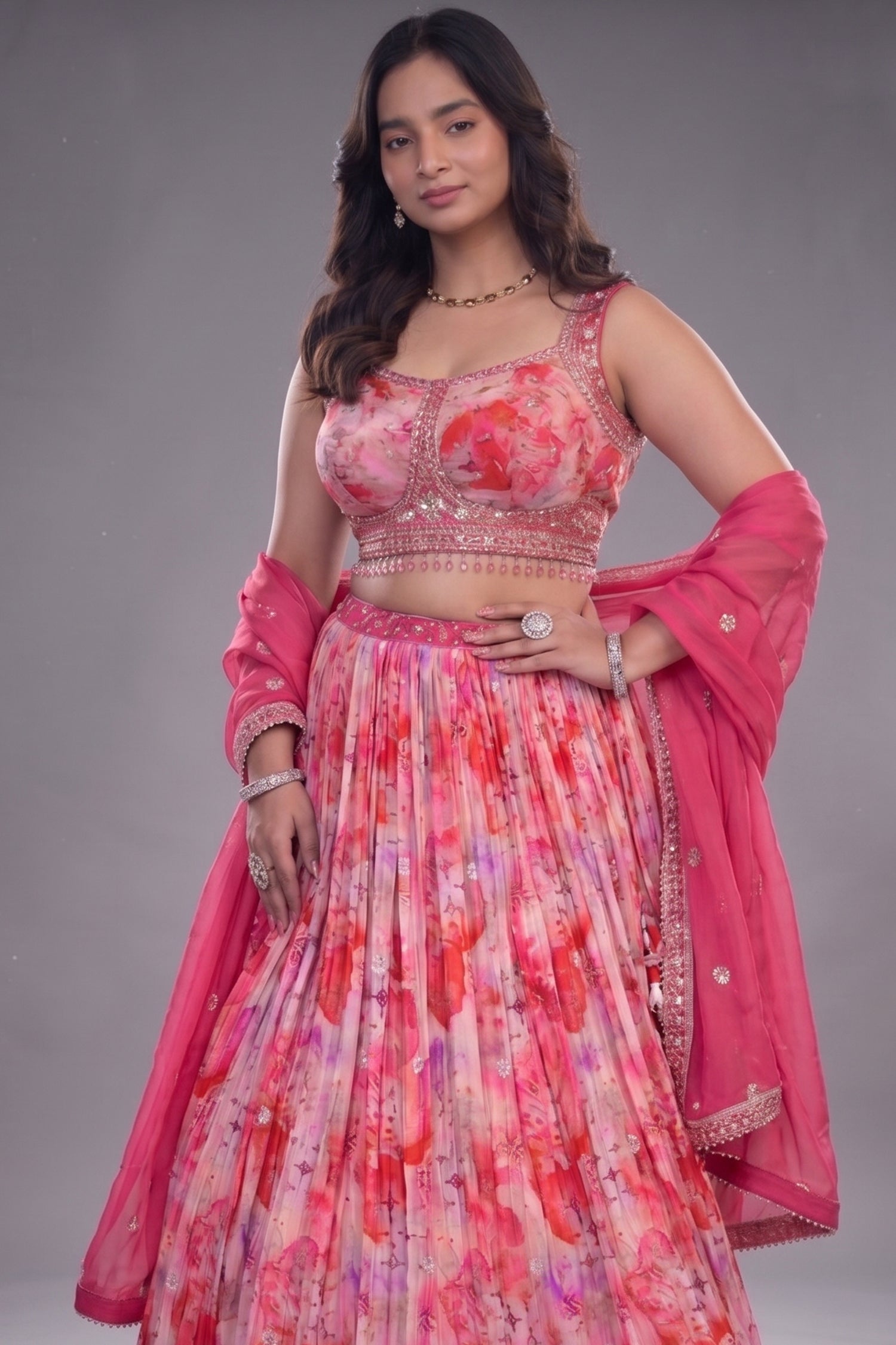 Candy Pink Crepe Silk Printed Lehenga Set with Encrusted Raw Silk Choli and Fuchsia Organza Dupatta Secondary image