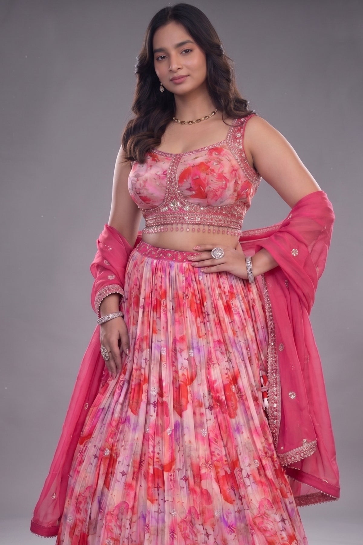 Candy Pink Crepe Silk Printed Lehenga Set with Encrusted Raw Silk Choli and Fuchsia Organza Dupatta