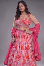 Candy Pink Crepe Silk Printed Lehenga Set with Encrusted Raw Silk Choli and Fuchsia Organza Dupatta