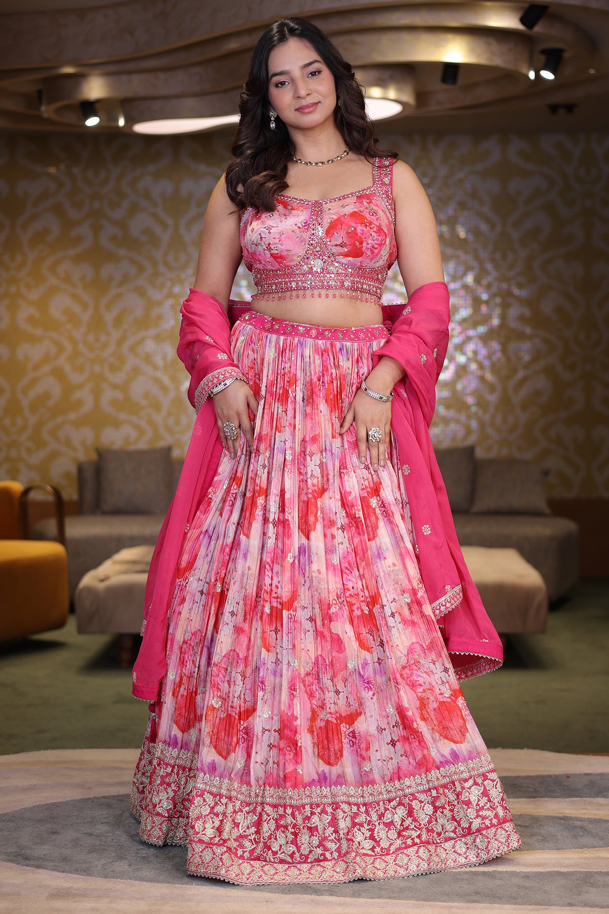 Candy Pink Crepe Silk Printed Lehenga Set with Encrusted Raw Silk Choli and Fuchsia Organza Dupatta