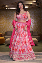 Candy Pink Crepe Silk Printed Lehenga Set with Encrusted Raw Silk Choli and Fuchsia Organza Dupatta