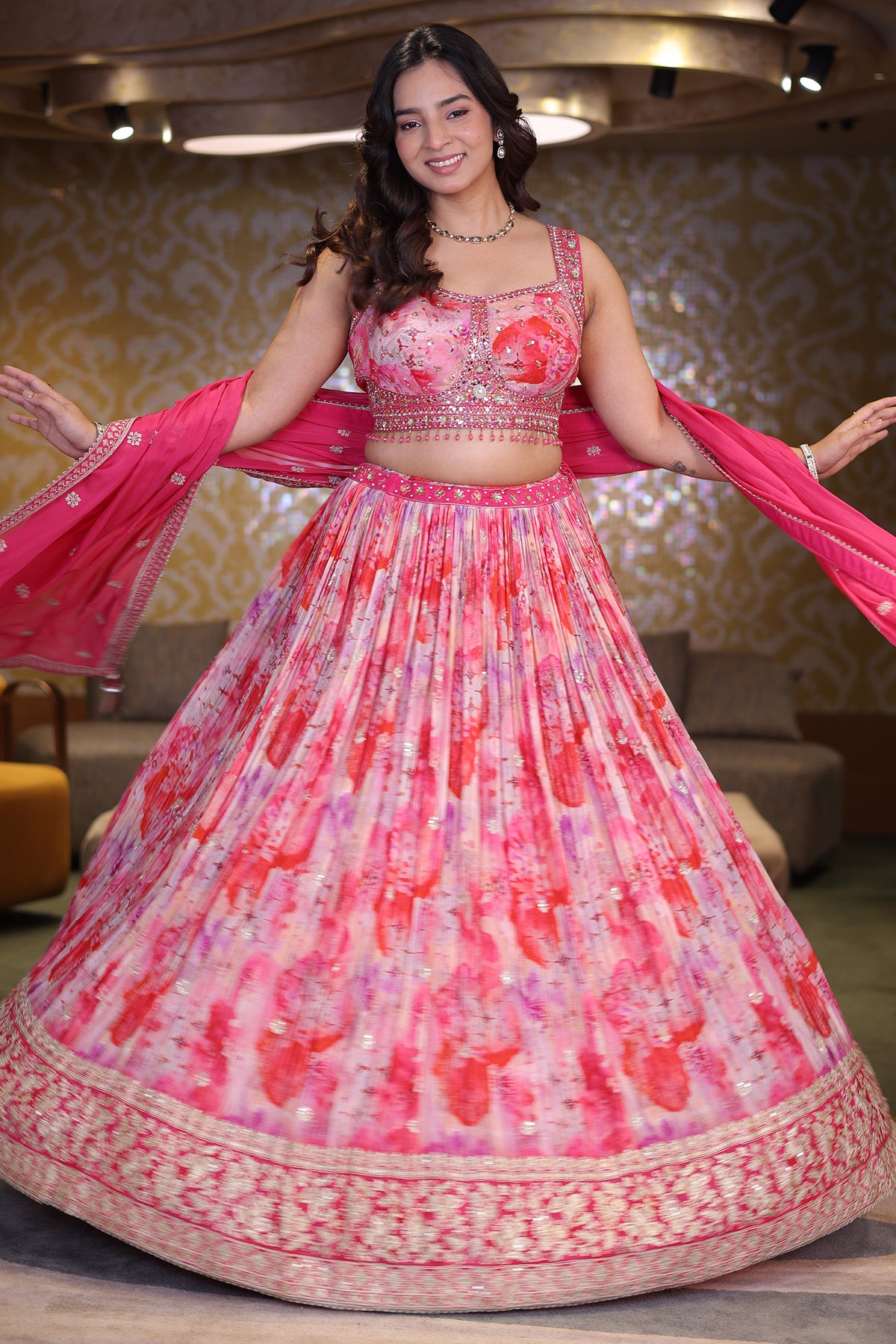 Candy Pink Crepe Silk Printed Lehenga Set with Encrusted Raw Silk Choli and Fuchsia Organza Dupatta
