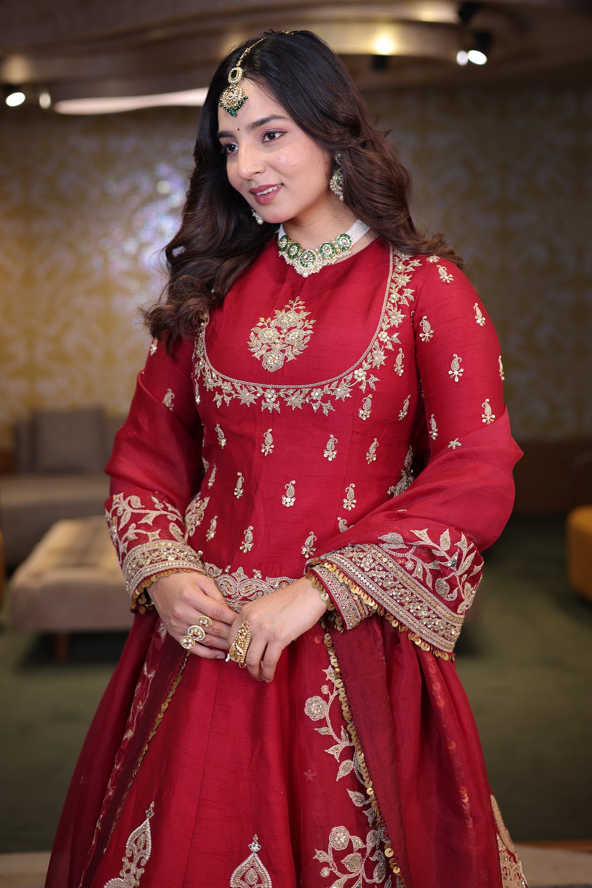 Crimson Maroon Matka Silk Longline Bridal Lehenga with Keyhole Back and Scalloped Organza Dupatta
