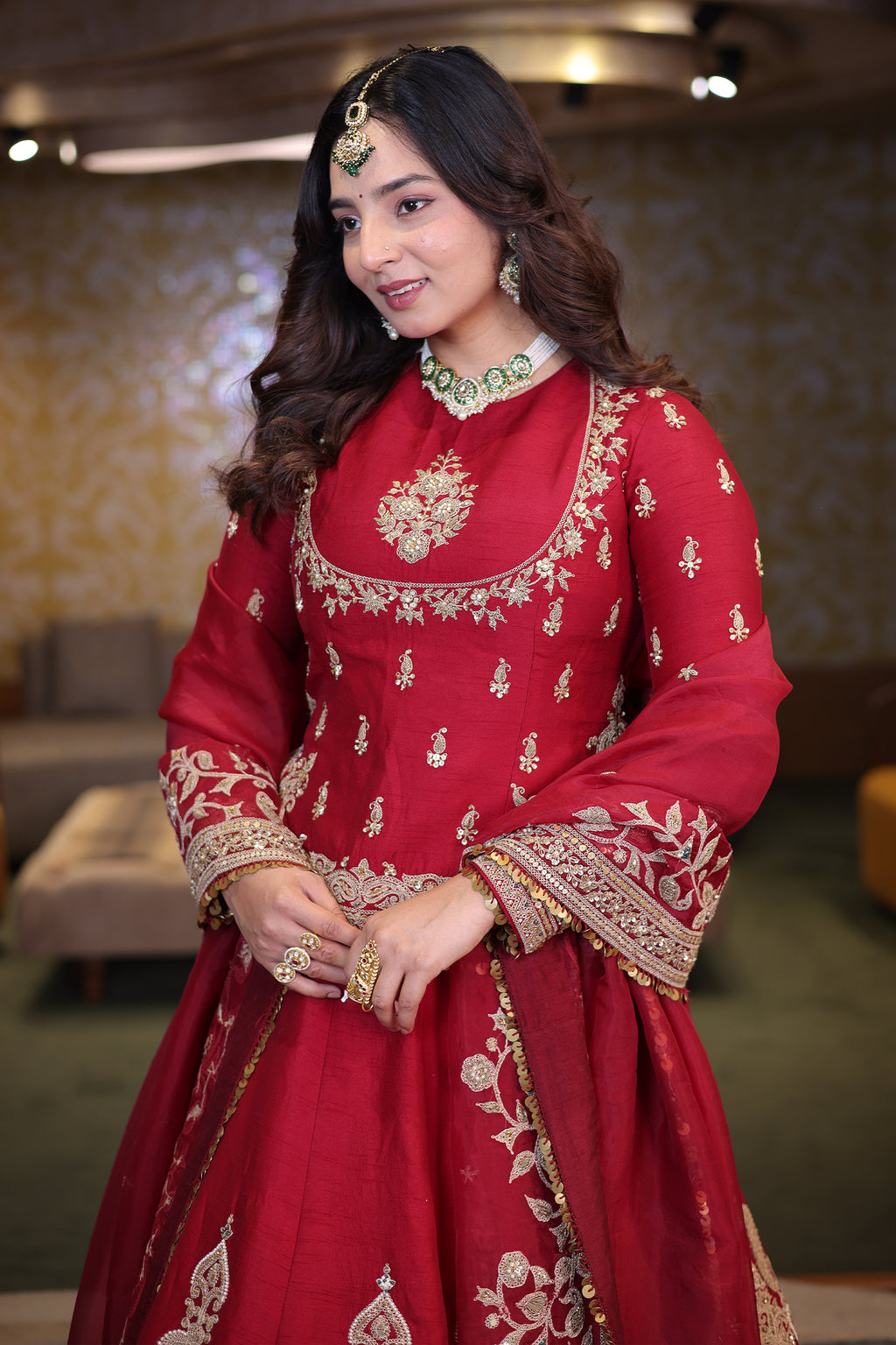 Crimson Maroon Matka Silk Longline Bridal Lehenga with Keyhole Back and Scalloped Organza Dupatta
