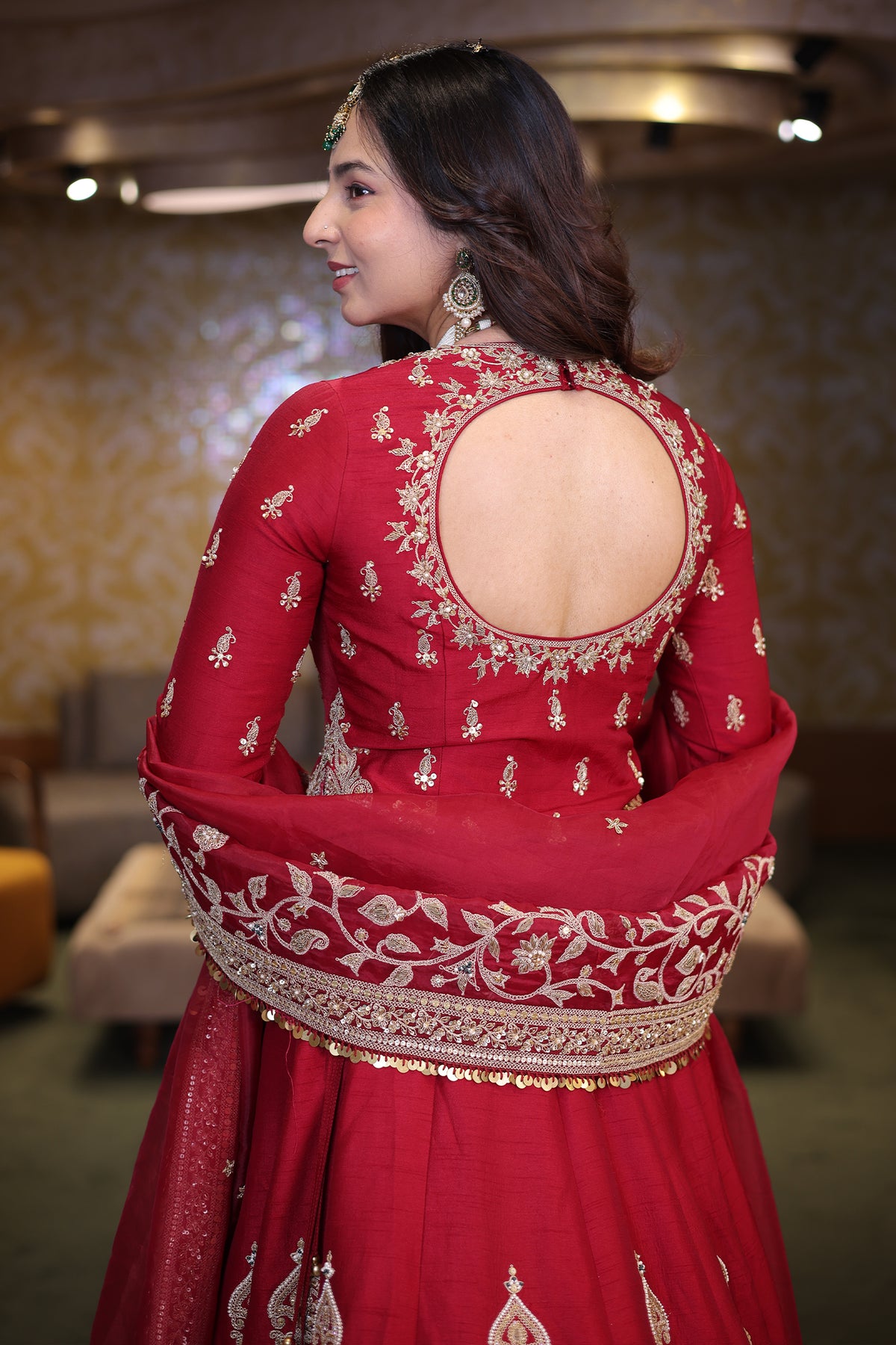 Crimson Maroon Matka Silk Longline Bridal Lehenga with Keyhole Back and Scalloped Organza Dupatta