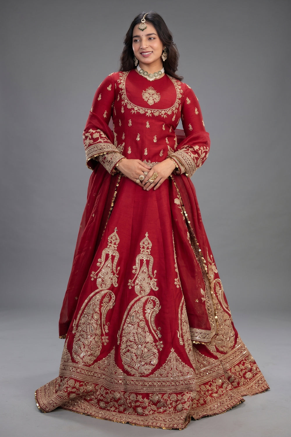Crimson Maroon Matka Silk Longline Bridal Lehenga with Keyhole Back and Scalloped Organza Dupatta