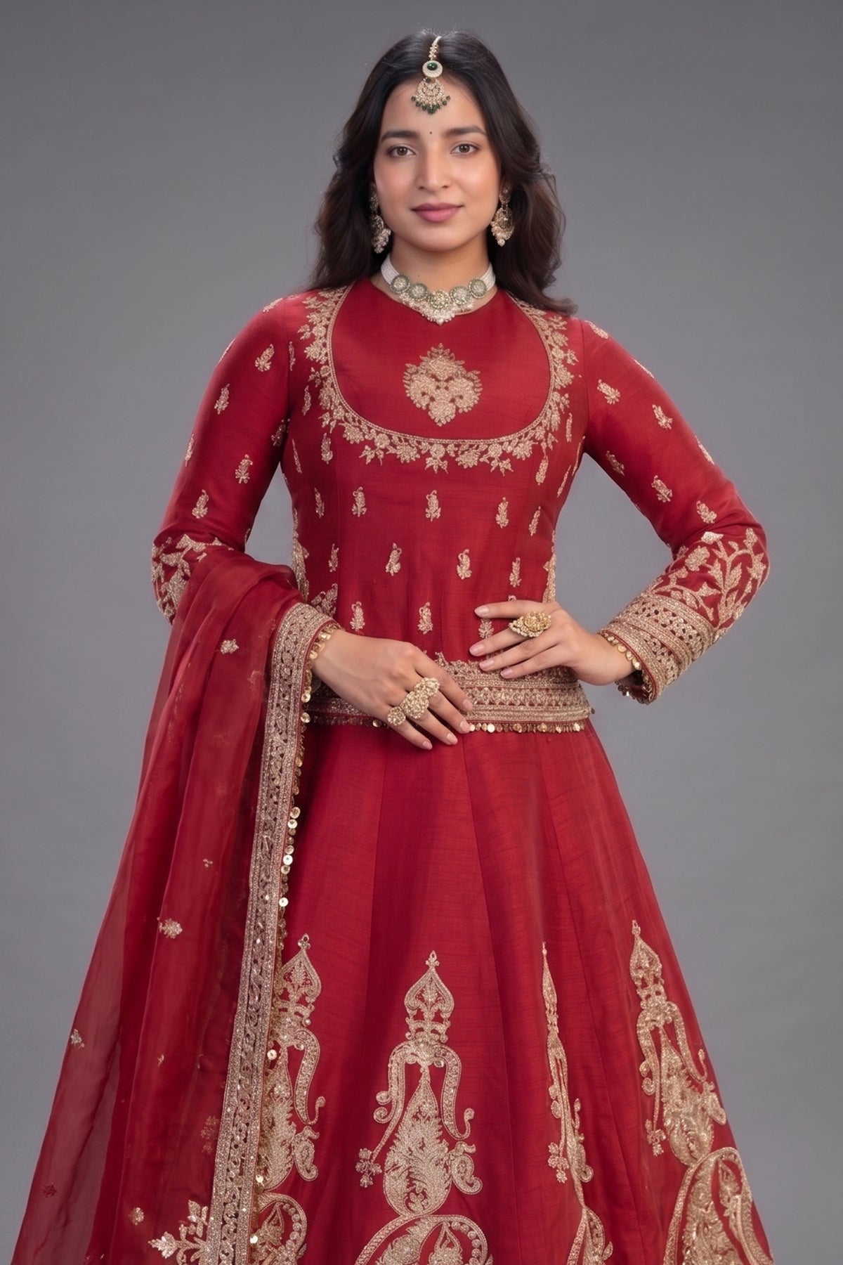 Crimson Maroon Matka Silk Longline Bridal Lehenga with Keyhole Back and Scalloped Organza Dupatta