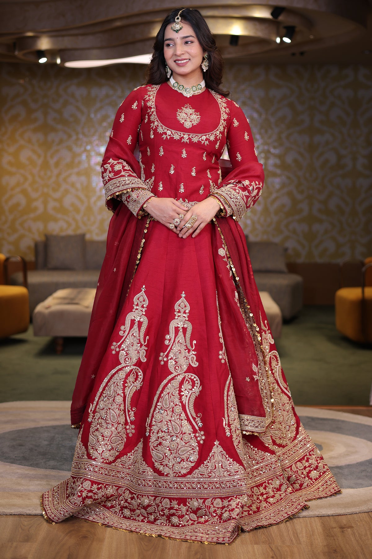 Crimson Maroon Matka Silk Longline Bridal Lehenga with Keyhole Back and Scalloped Organza Dupatta
