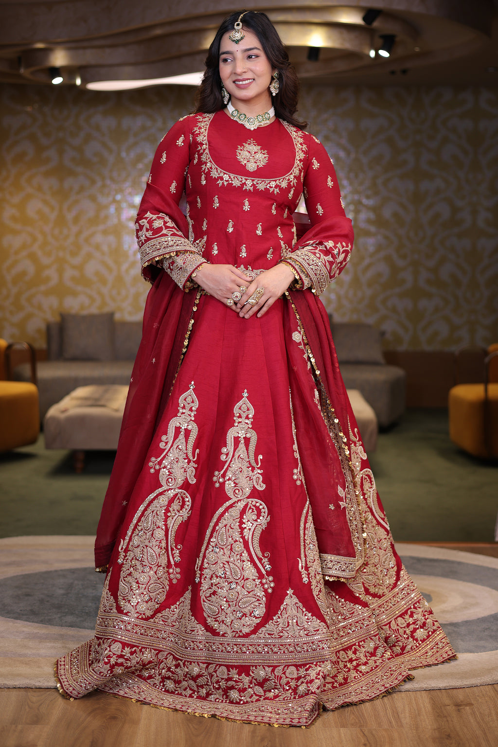 Crimson Maroon Matka Silk Longline Bridal Lehenga with Keyhole Back and Scalloped Organza Dupatta