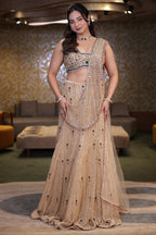 Champagne Gold Net Panelled Lehenga Set with Jewel-Encrusted Emerald Cutdana and Ruby Stone Work
