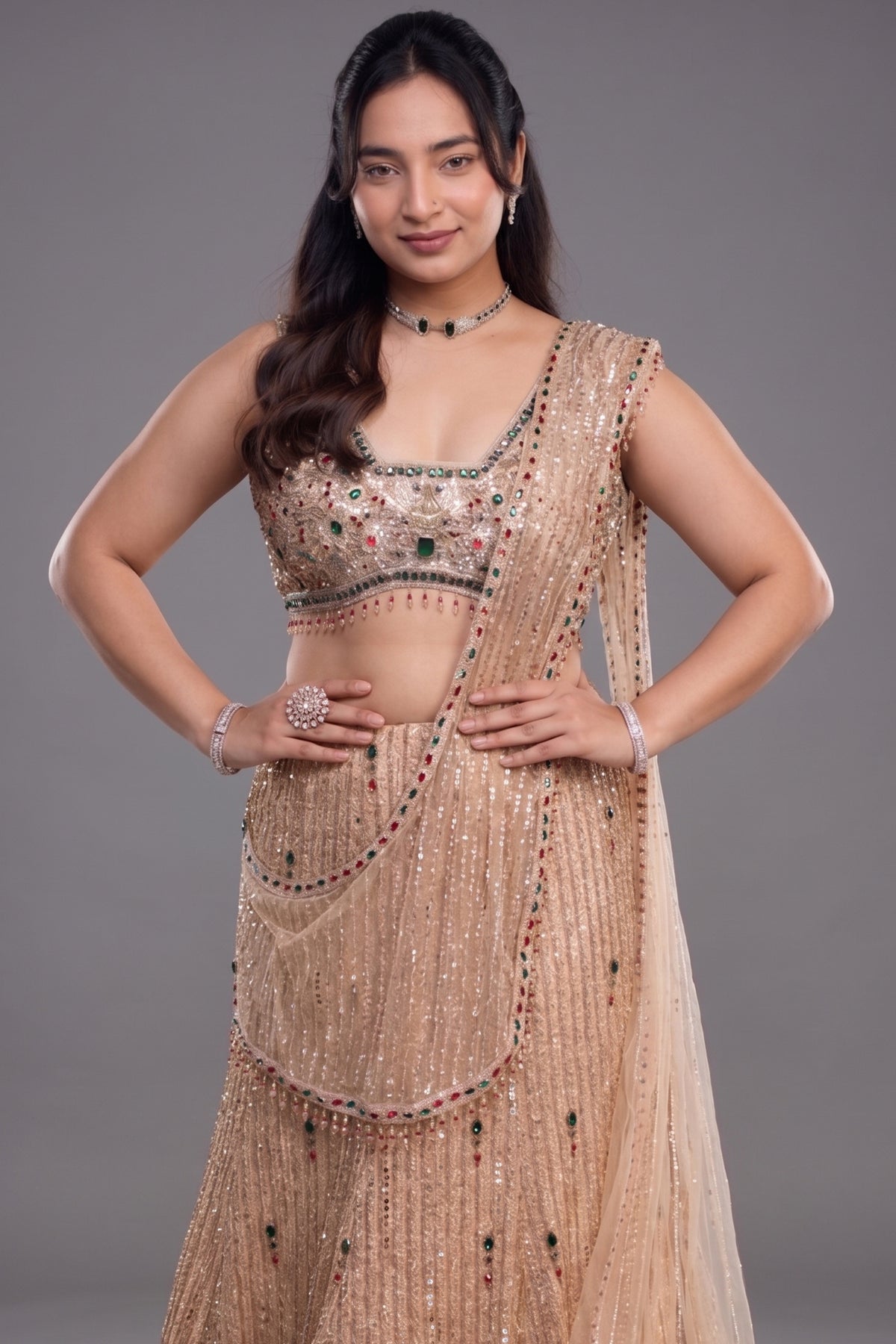 Champagne Gold Net Panelled Lehenga Set with Jewel-Encrusted Emerald Cutdana and Ruby Stone Work