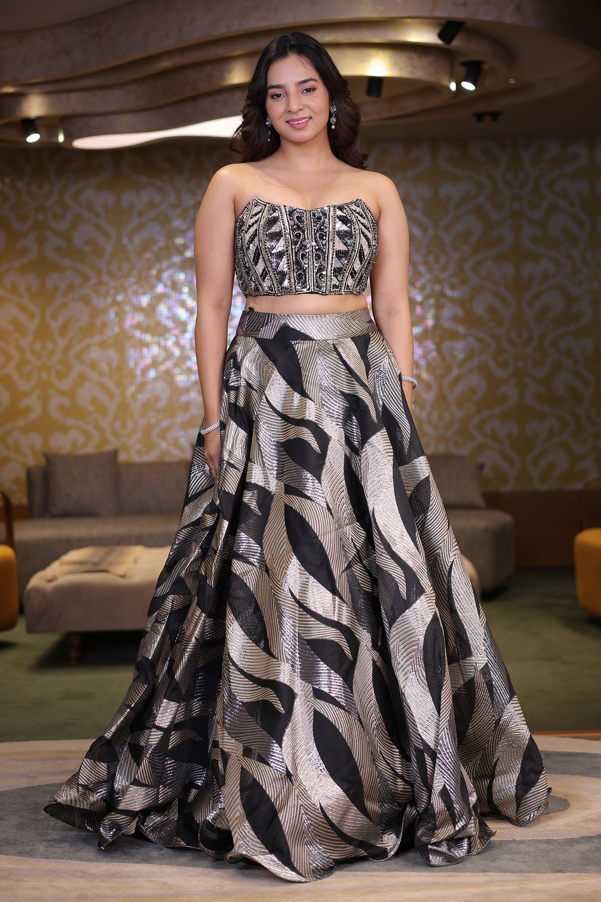Midnight Black and Silver Organza Metallic Woven Corset Lehenga Set