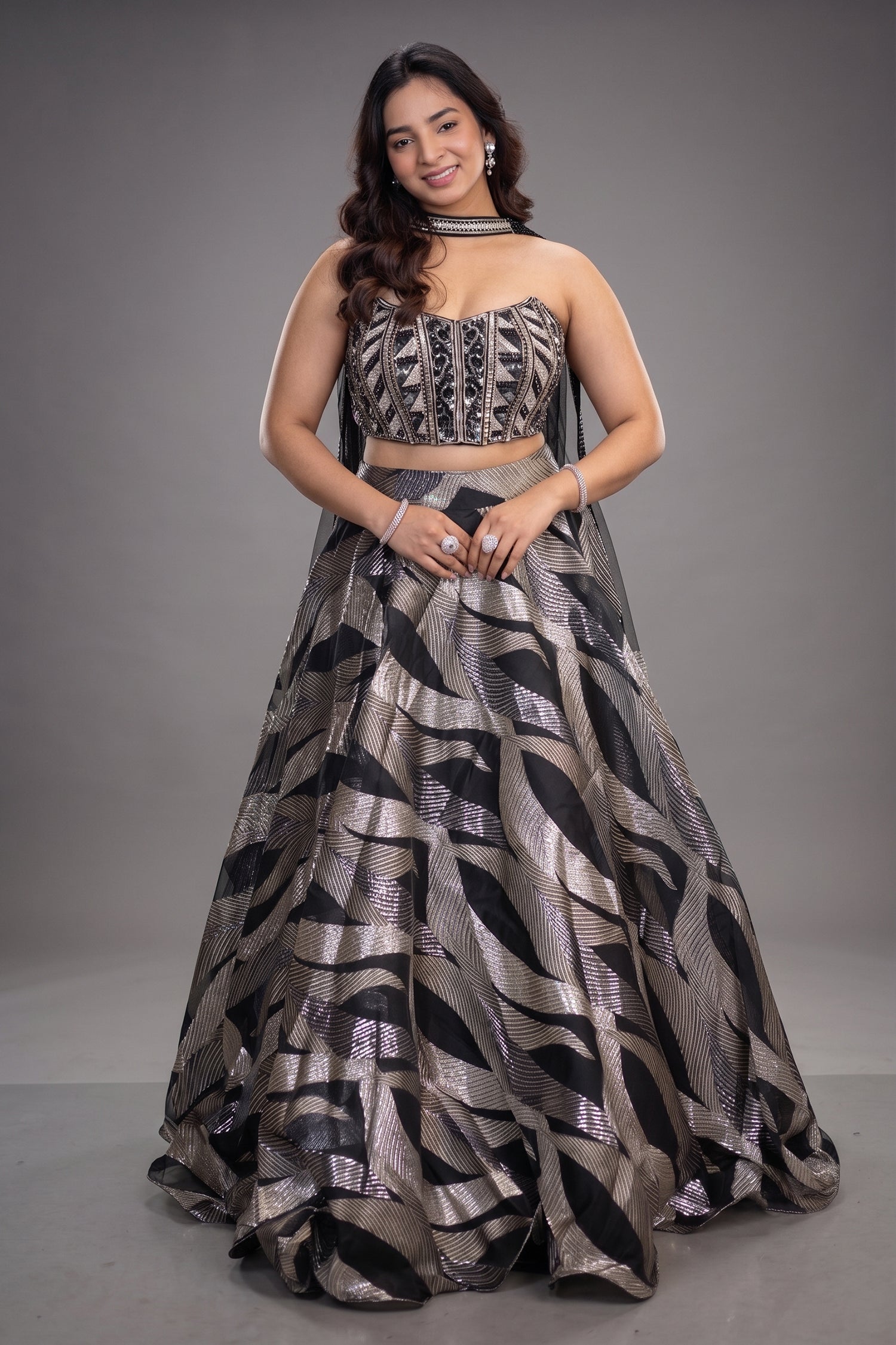 Midnight Black and Silver Organza Metallic Woven Corset Lehenga Set Main image