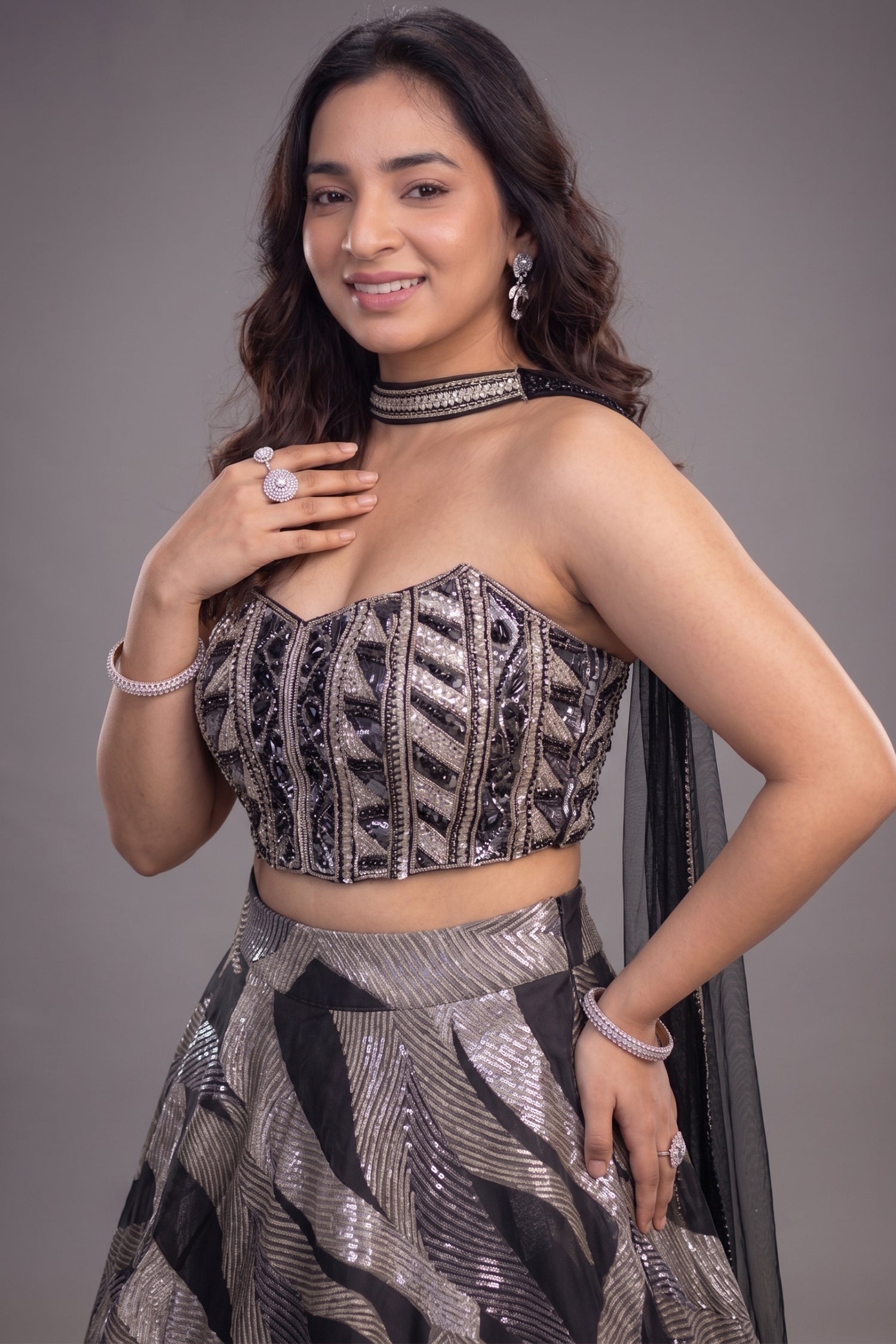 Midnight Black and Silver Organza Metallic Woven Corset Lehenga Set Secondary image
