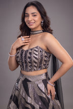 Midnight Black and Silver Organza Metallic Woven Corset Lehenga Set
