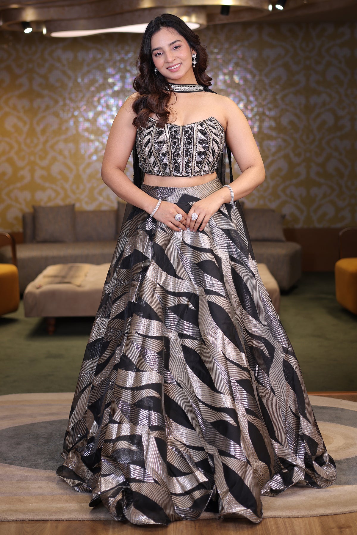 Midnight Black and Silver Organza Metallic Woven Corset Lehenga Set