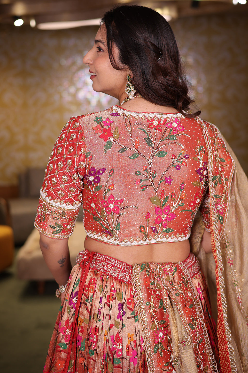 Rust Gold Tissue Silk Bridal Lehenga with Meenakari Paithani Weaving and Aari Zardosi Blouse