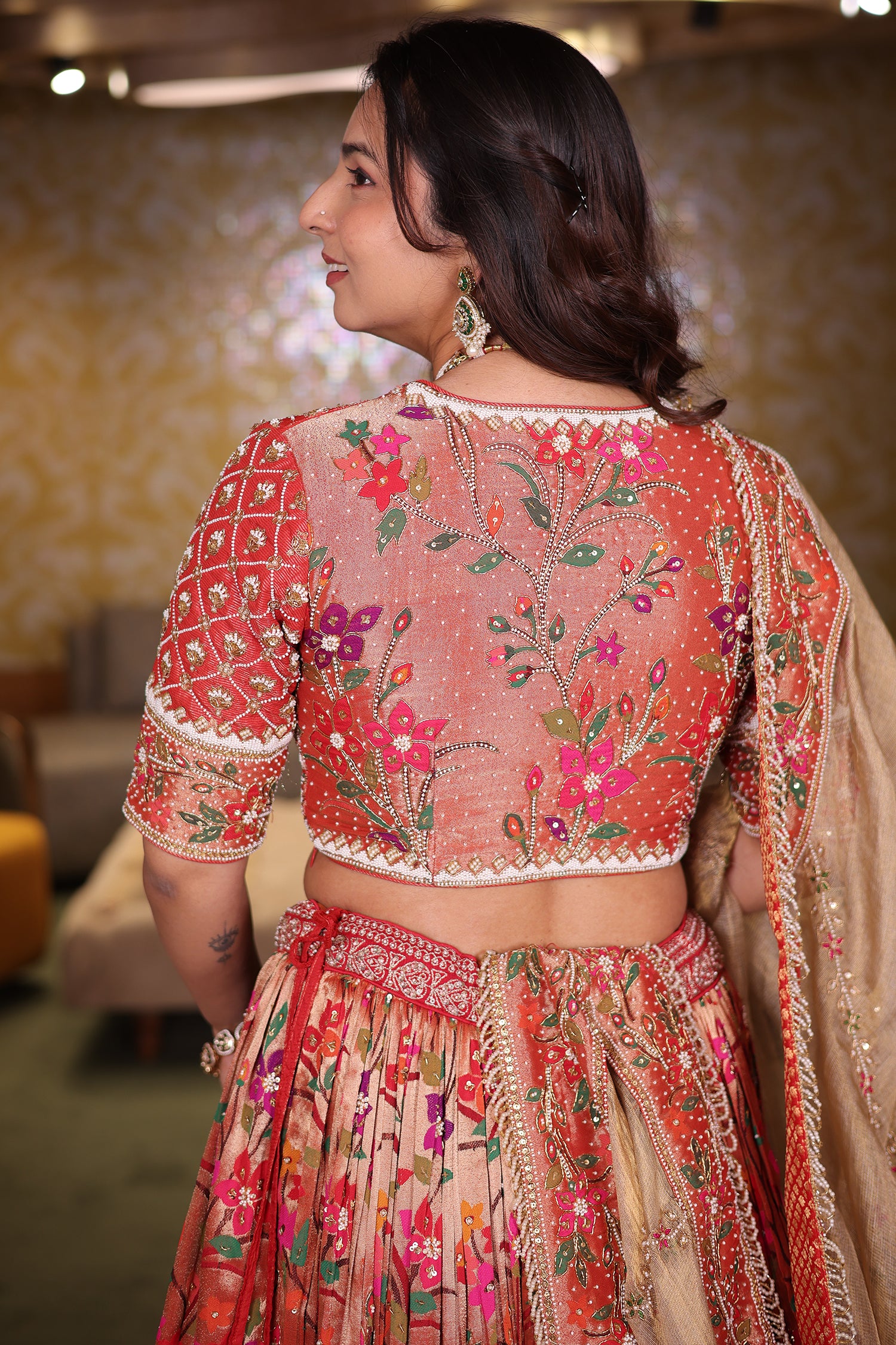 Rust Gold Tissue Silk Bridal Lehenga with Meenakari Paithani Weaving and Aari Zardosi Blouse