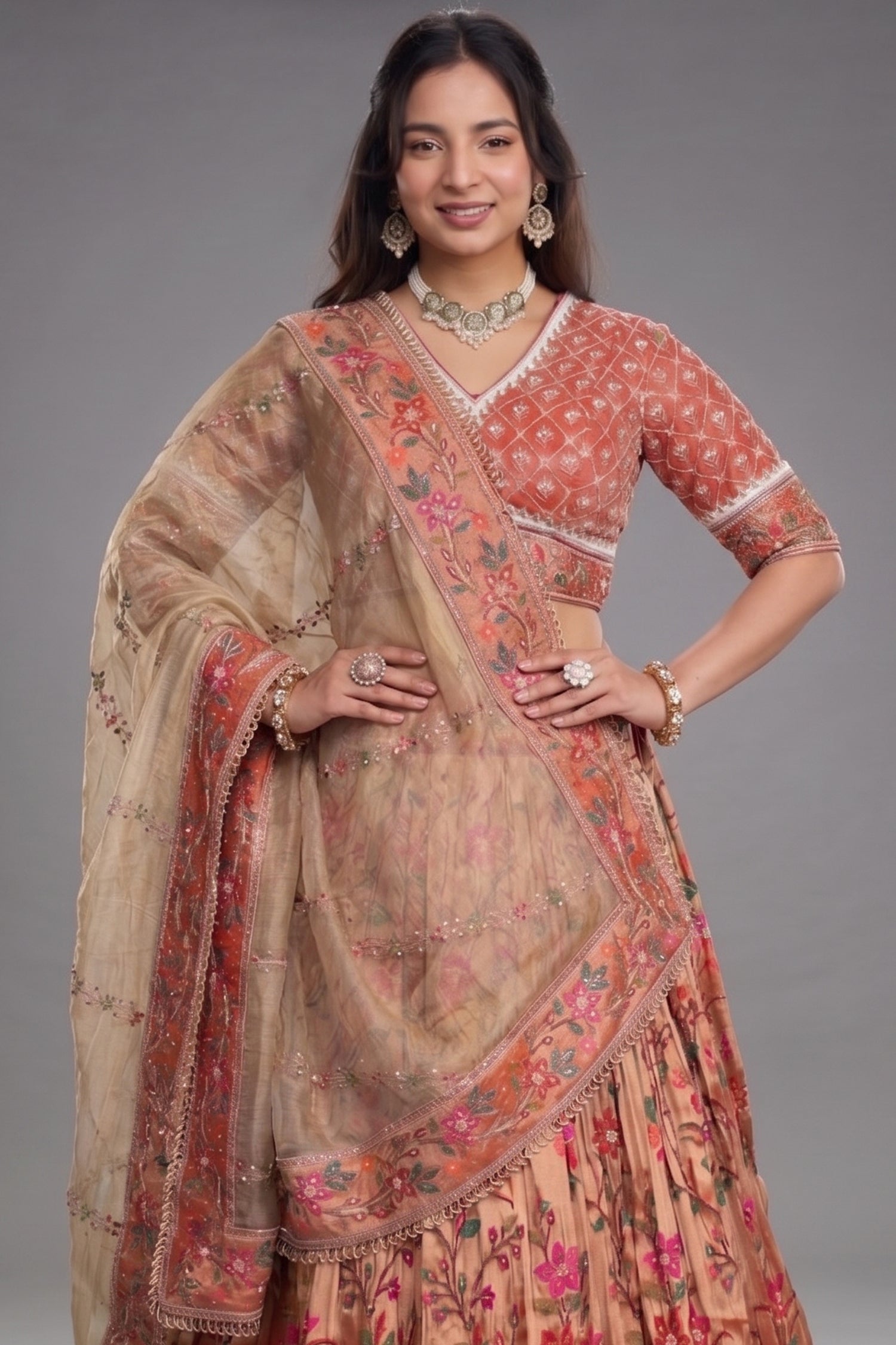 Rust Gold Tissue Silk Bridal Lehenga with Meenakari Paithani Weaving and Aari Zardosi Blouse